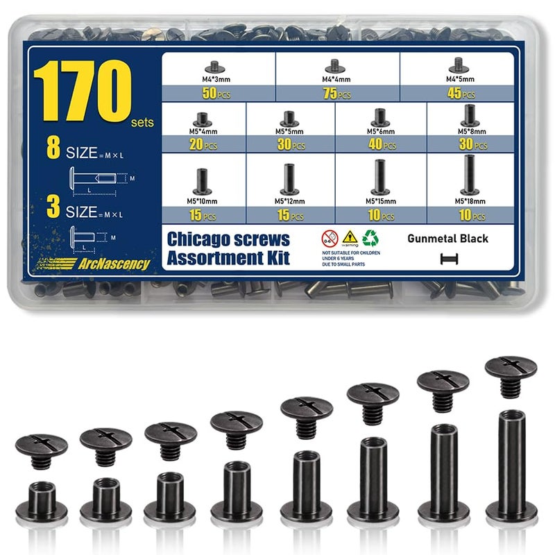 ArcNascency Store 170 Sets Gunmetal Black Chicago Screws Leather Rivets Kit, 8 Sizes (M5*4,5,6,8,10,12,15,18) & 3 Screw Lengths (M4*3,4,5) for Belts, Bookbinding, DIY Leather (Gunmetal Black) - Image 1